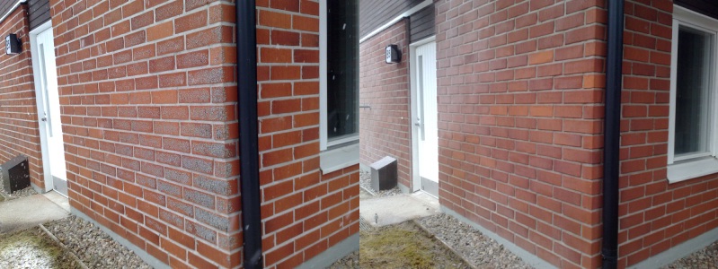 Tiilisein&auml;st&auml; poistettu vuosien saatossa kertynyt sammal soodapuhalluksella.